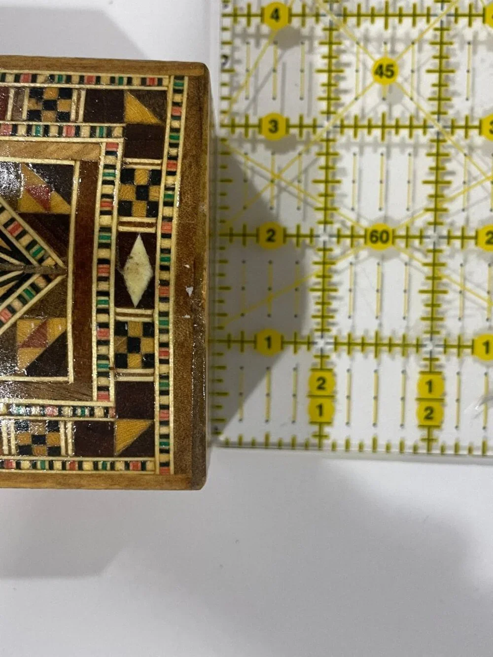 Vtg Persian Micro-Mosaic Wooden Marquetry Geometric Trinket Jewelry Box 9.25x3
